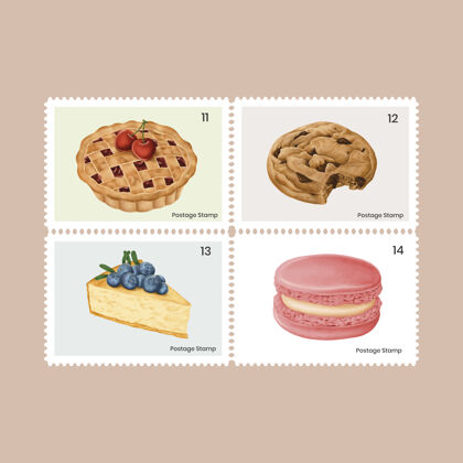 邮资可爱的糕点和糖果邮票集口味美味标签