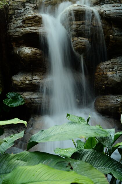 自然迷人的垂直图片瀑布流飞溅到岩石湖河野生