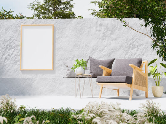 帆布墙壁上的空白框架与室外生活区的混凝土天井 三维渲染自然海报阳台