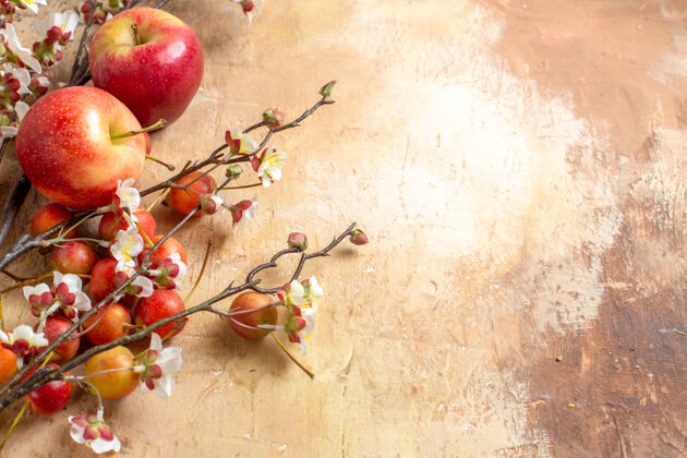 古董侧面特写观赏水果开胃的樱桃和苹果树枝上开满鲜花腐烂苹果树
