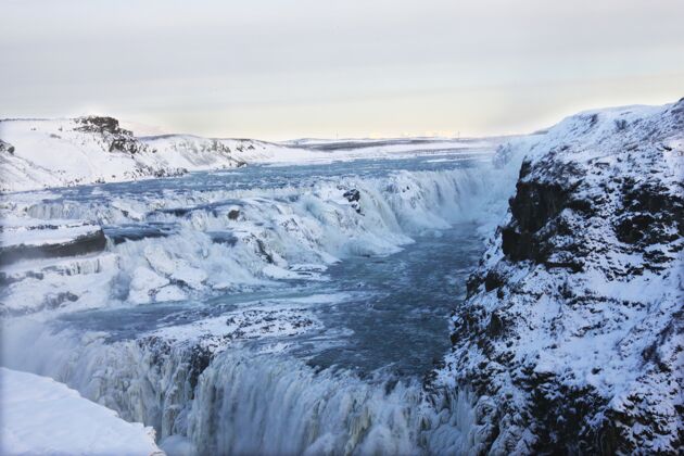 冰冻冰岛的格尔福斯瀑布 欧洲冰雪环绕北方凉爽南极洲