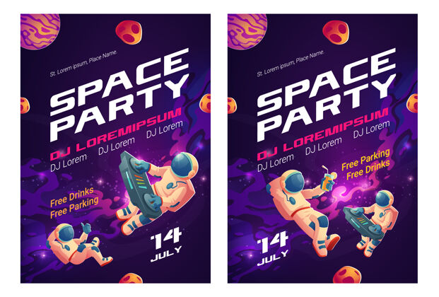 未来太空派对卡通传单 邀请宇航员dj在太空转台上表演音乐音乐开放播放