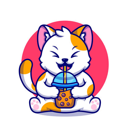 咖啡可爱的猫喝波巴奶茶卡通图标插图猫人物吉祥物
