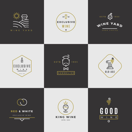 酒吧葡萄酒标志集酒类菜单标志与瓶子和玻璃杯风格葡萄酒葡萄