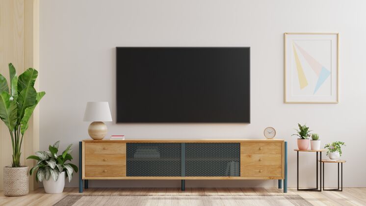 橱柜模拟电视墙安装在客厅与白色墙三维渲染区域智能房子