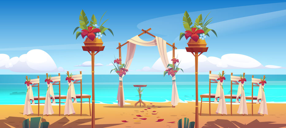 草地海边的沙滩婚礼拱门和装饰花瓣海洋仪式