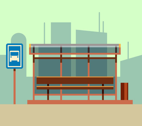 风格公交车站在城市景观中呈现平面风格地点乘客杆
