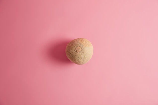 生长成熟圆润的新鲜甜瓜 粉红色背景可供食用天然有机夏季成熟水果含有维生素 纤维可以支持你的心脏健康美味小吃超级食品的概念圆形热带新鲜