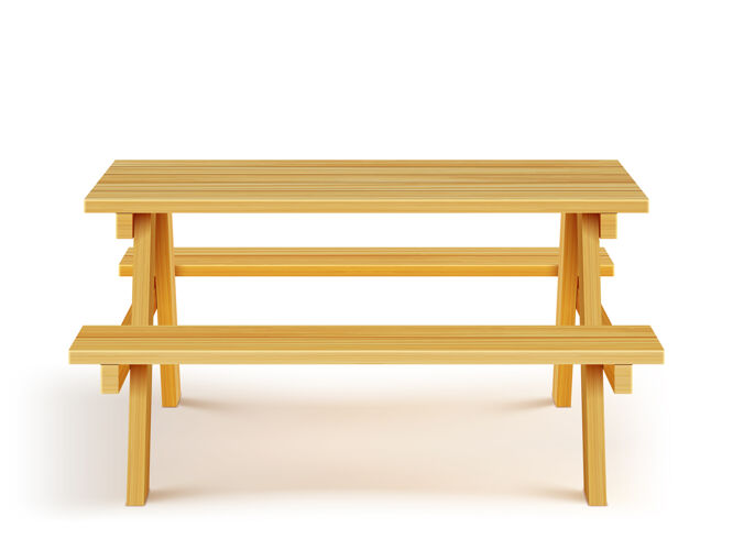 长凳带长凳的木制野餐桌 白色背景上的木制家具空的桌子设备