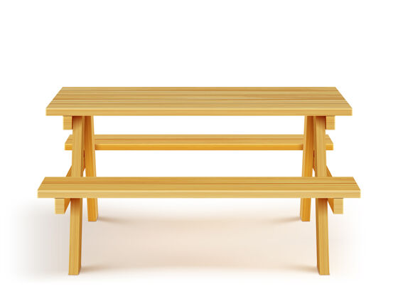 长凳带长凳的木制野餐桌 白色背景上的木制家具空的桌子设备