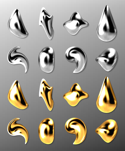 光泽液体金或银滴 三维抽象汞和金色金属滴珠宝飞溅渲染