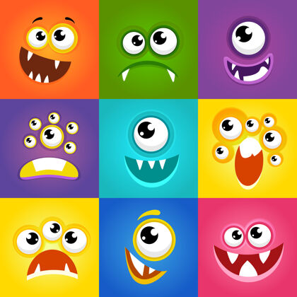 悲伤怪物表情有趣的卡通怪物脸向量情感怪物平面插图情绪生物设置