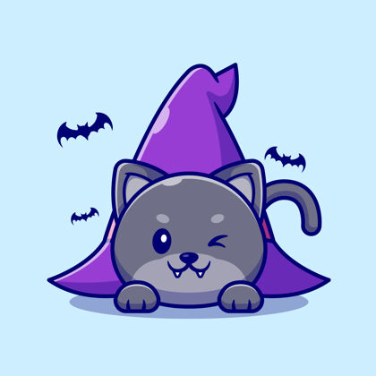 猫可爱的女巫猫躺在女巫帽下卡通插图吸血鬼夜晚噩梦