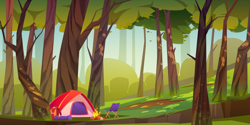 营火野营帐篷与篝火和旅游用品在森林里垫子冒险旅行者