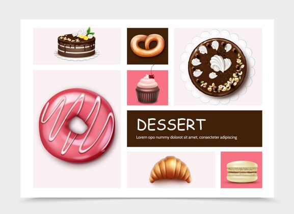 樱桃甜点和蛋糕信息图形模板与馅饼甜甜圈纸杯蛋糕杏仁饼 羊角面包椒盐卷饼在现实风格的插图早餐派传统