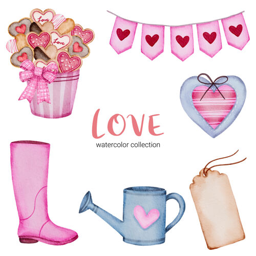 靴子套大孤立的水彩情人节概念元素可爱浪漫的红粉心形装饰 插画周年纪念丝带收集
