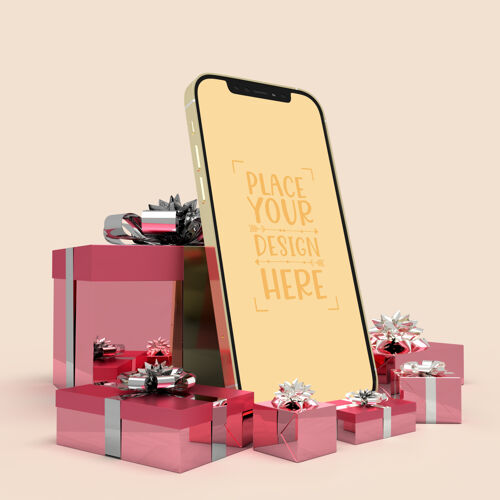 金色手机被礼物包围手机实物模型屏幕