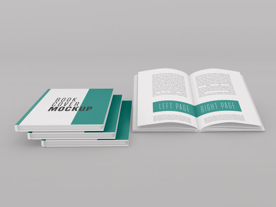 3d渲染三个硬皮与开卷模型书籍正面封面模型