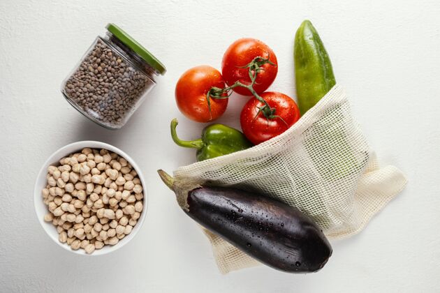 番茄布袋蔬菜顶视图可持续发展蔬菜罐子