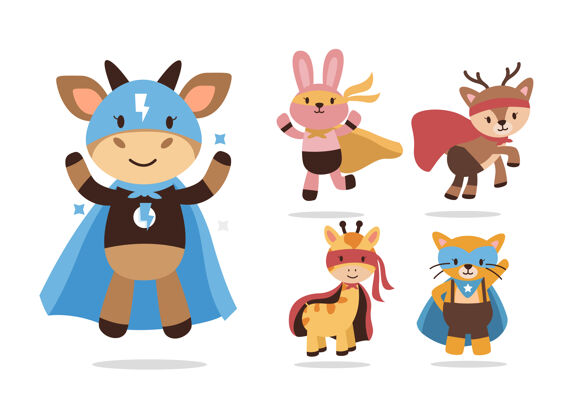 可爱可爱的动物卡通与超级英雄吉祥物字符集合卡片单位漫画