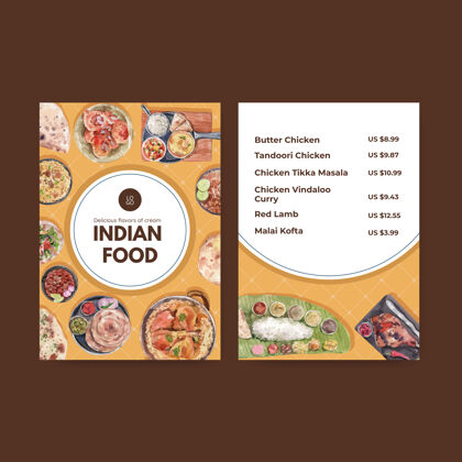 广告印度菜的菜单模板膳食咖啡馆食物