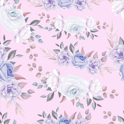 花卉浪漫的花朵无缝图案搭配紫色花朵装饰粉彩壁纸花卉