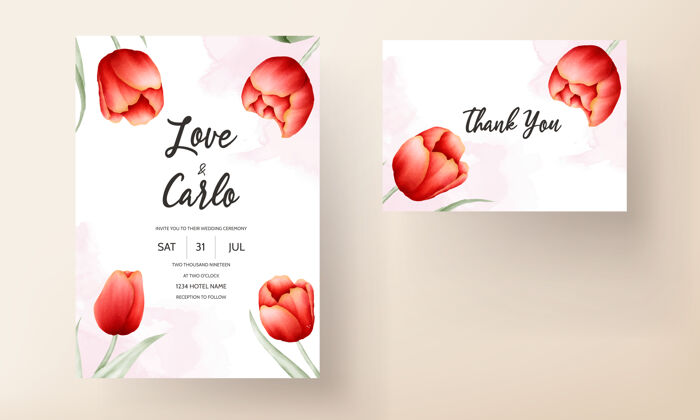 假日美丽的红色郁金香花结婚卡模板优雅花卉保存日期