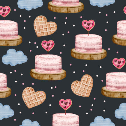 周年纪念水彩无缝图案搭配爱情对象 孤立的水彩情人节概念元素可爱浪漫的红粉心形作装饰 插画情人节饼干信件