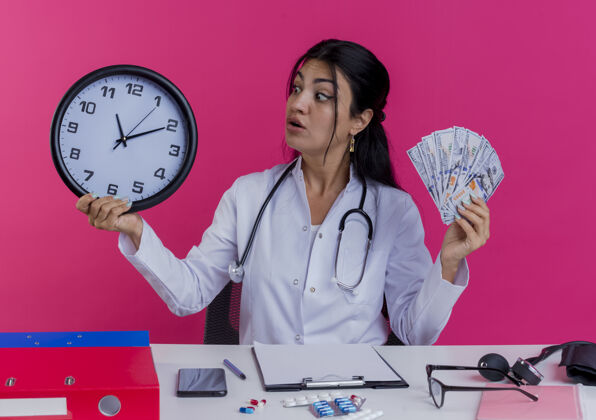 工具年轻的女医生穿着医用长袍 手持听诊器坐在办公桌旁 手里拿着医疗工具 手里拿着钱 手里拿着时钟 看着隔离在粉红色墙上的时钟抱着时钟女性