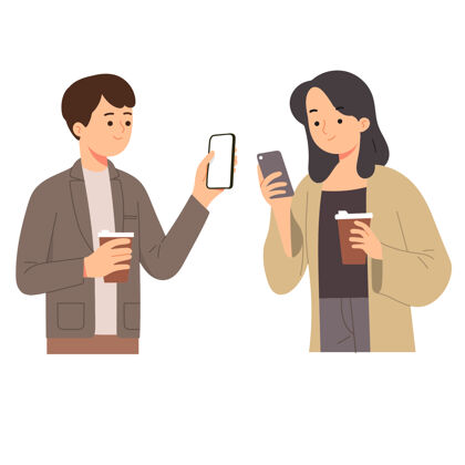 女性女人和男人一边拿着咖啡一边看电话一边查看社交媒体休闲咖啡生活方式