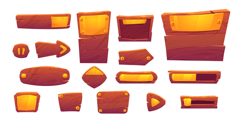 板块游戏按钮的木质和金色质感 卡通菜单界面元素游戏Gui手机