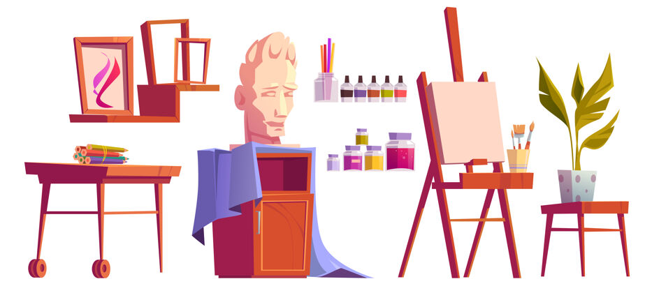 设备艺术家工作室与画架 油漆 画笔和彩色铅笔在木制书桌上材料壶油画