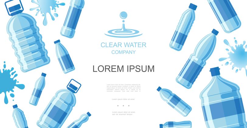 水平板饮用水概念与纯水和液体飞溅的塑料瓶纯平面液体