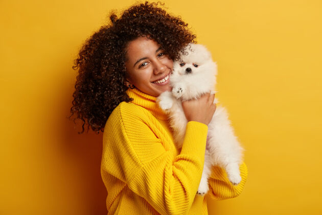 抱着美丽的卷曲的非洲裔美国女士 穿着黄色超大毛衣 在室内与最喜爱的宠物玩耍 心情愉快 为拥有漂亮的动物感到自豪拥抱小狗发型