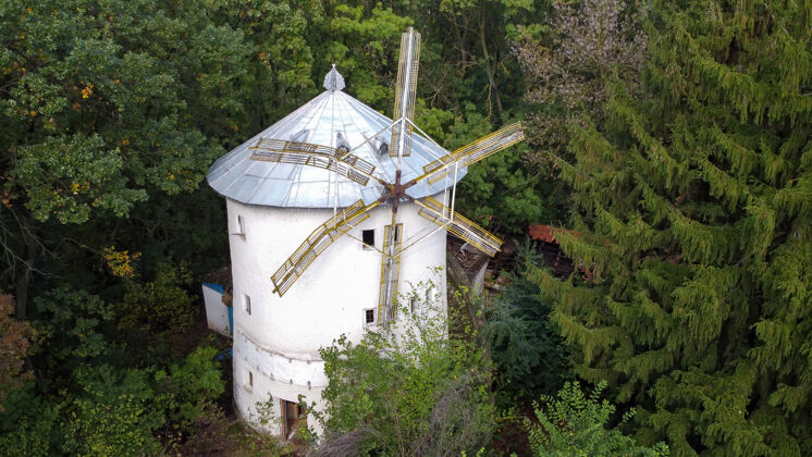 草地在摩尔多瓦的森林里 一个被绿树环绕的旧风车的空中无人机视图农作物乡村摩尔多瓦