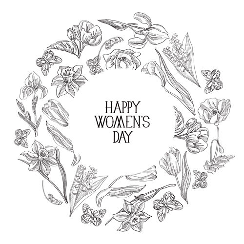 女人黑白圆框素描构图贺卡用许多物体围绕文字 用花卉矢量插图装饰妇女节概念装饰品优雅