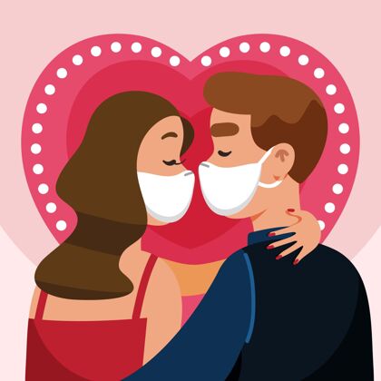 插画平面情侣亲吻与covid面具插图面膜冠状病毒面膜平面设计