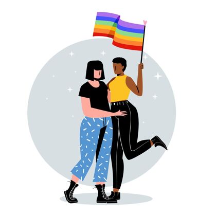 浪漫女同性恋夫妇与lgbt旗插图女朋友同性恋家庭