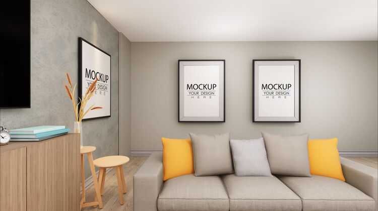 框架客厅模型中的海报框架客厅室内房子