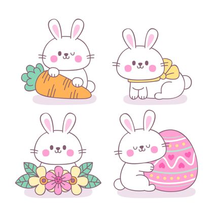 收集手绘复活节兔子系列设置庆祝插图