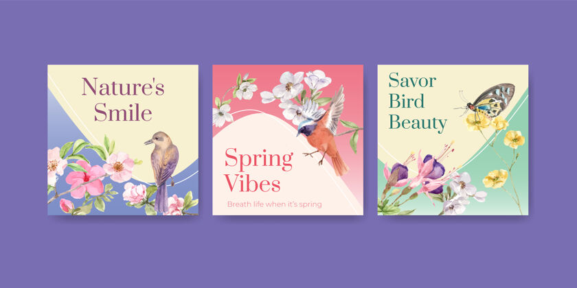 树木广告模板集鸟类和春天的概念开花符号花卉