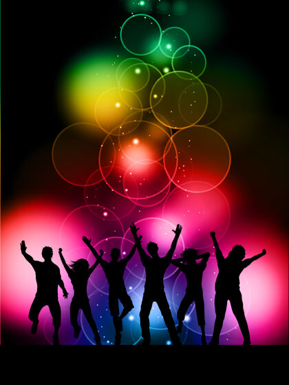 多彩人们在五颜六色的波基灯光背景下跳舞的剪影剪影团体人群