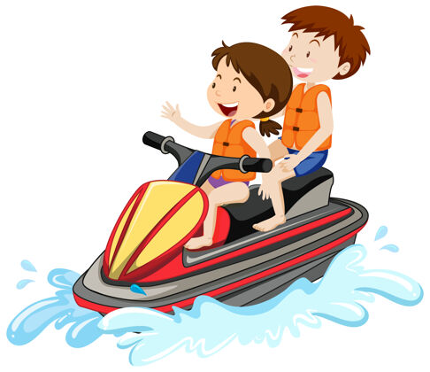 海洋孩子们驾驶着白色背景的摩托艇青年年轻沙滩