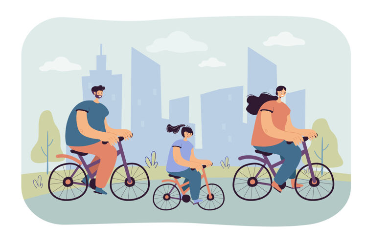 度假快乐家庭在城市公园骑自行车孤立平面插图卡通插图健康女人女性