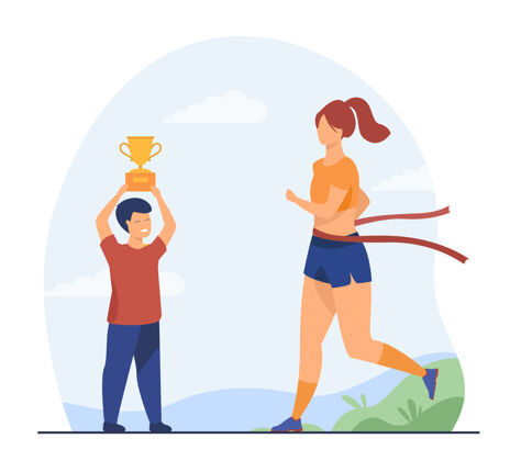 杯赛女子跑步冠军和男孩拿着奖杯金牌 慢跑 运动员平面插图卡通插图冠军平坦运动员