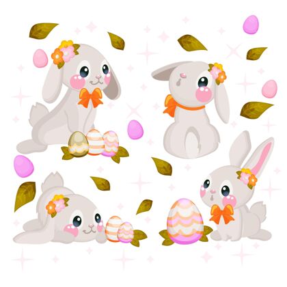 设置手绘复活节兔子系列插图复活节包
