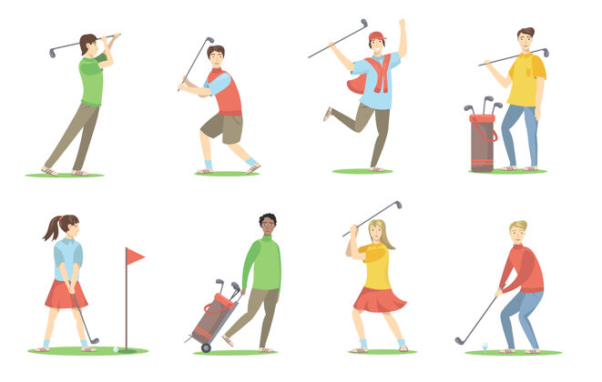 训练高尔夫球员集卡通人物与黄铜打高尔夫草坪上 有乐趣 享受活动平面插图人物高尔夫人