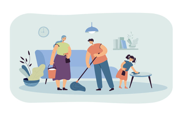 爸爸快乐家庭一起打扫房子平面插图卡通插图帮助父母水