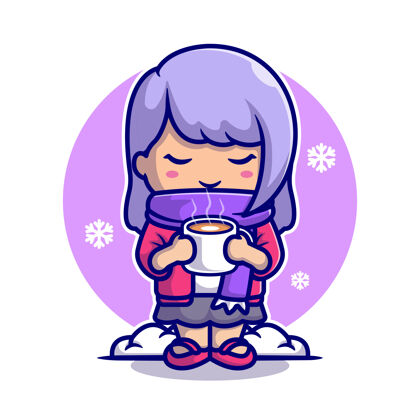 欢呼可爱的女孩喝热咖啡在雪地卡通图标插图美女牛奶吉祥物