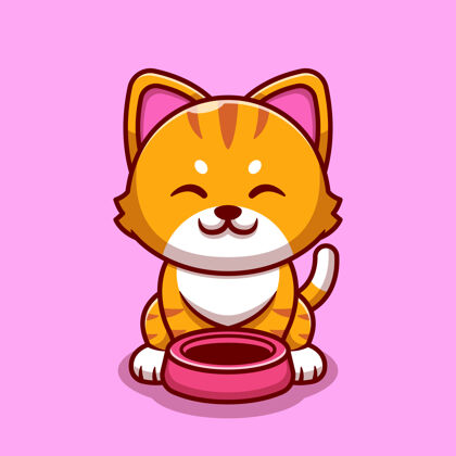 欢乐可爱的猫与猫碗卡通图标插图甜食动物猫